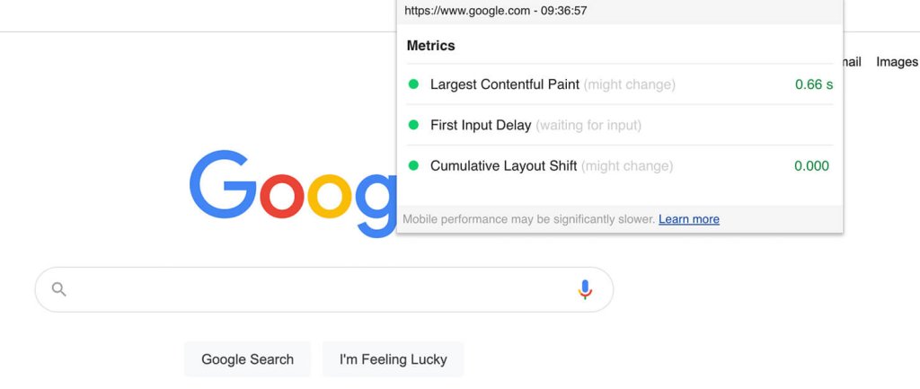 Screenshot from Google Chrome browser, while having opened the Web Vitals Chrome extension, showing the Core Web Vitals metrics of a tested web page