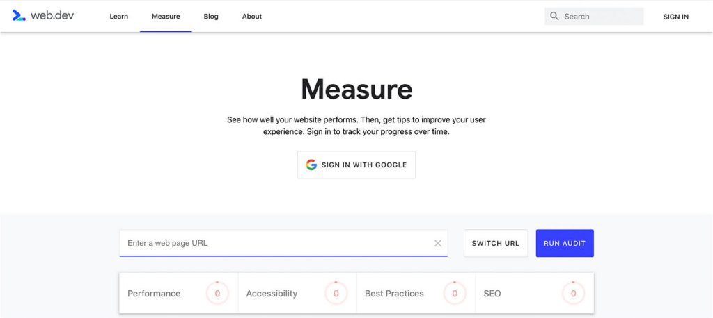 Overview of web.dev's "Measure page" for website performance audits