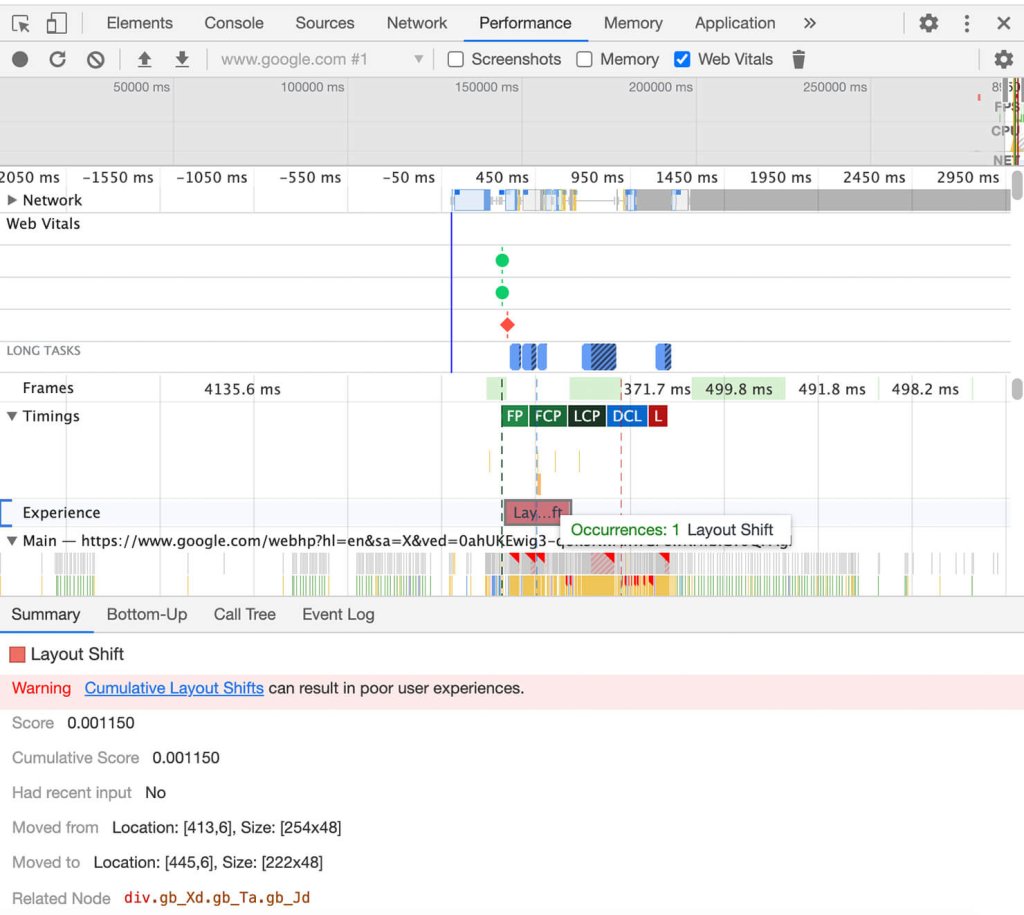 Overview of Chrome's DevTools Performance tab on measuring the Core Web Vitals metrics