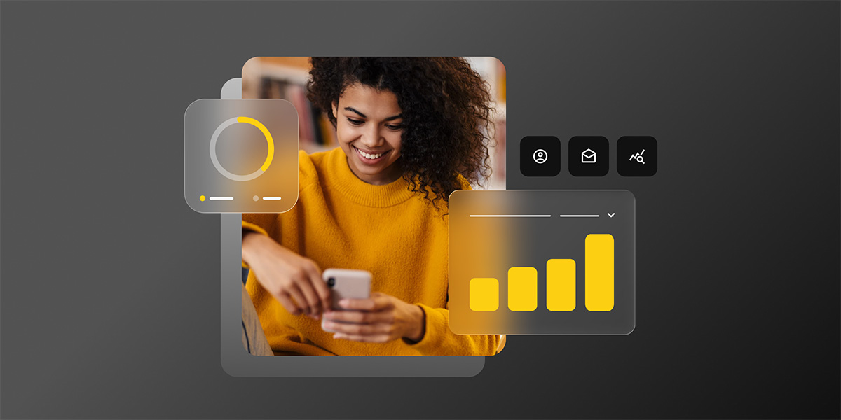 A woman in a yellow sweater smiling while using her phone, surrounded by email campaign analytics — including a progress chart and a bar graph showing growing performance metrics.
