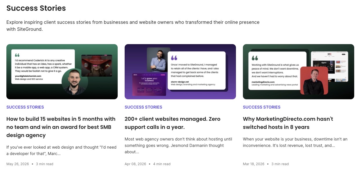 Success Stories page listing showing three client testimonial cards for Coderick AI, Storm Design, and Marketing Directo, each with a headshot, quote, and website preview