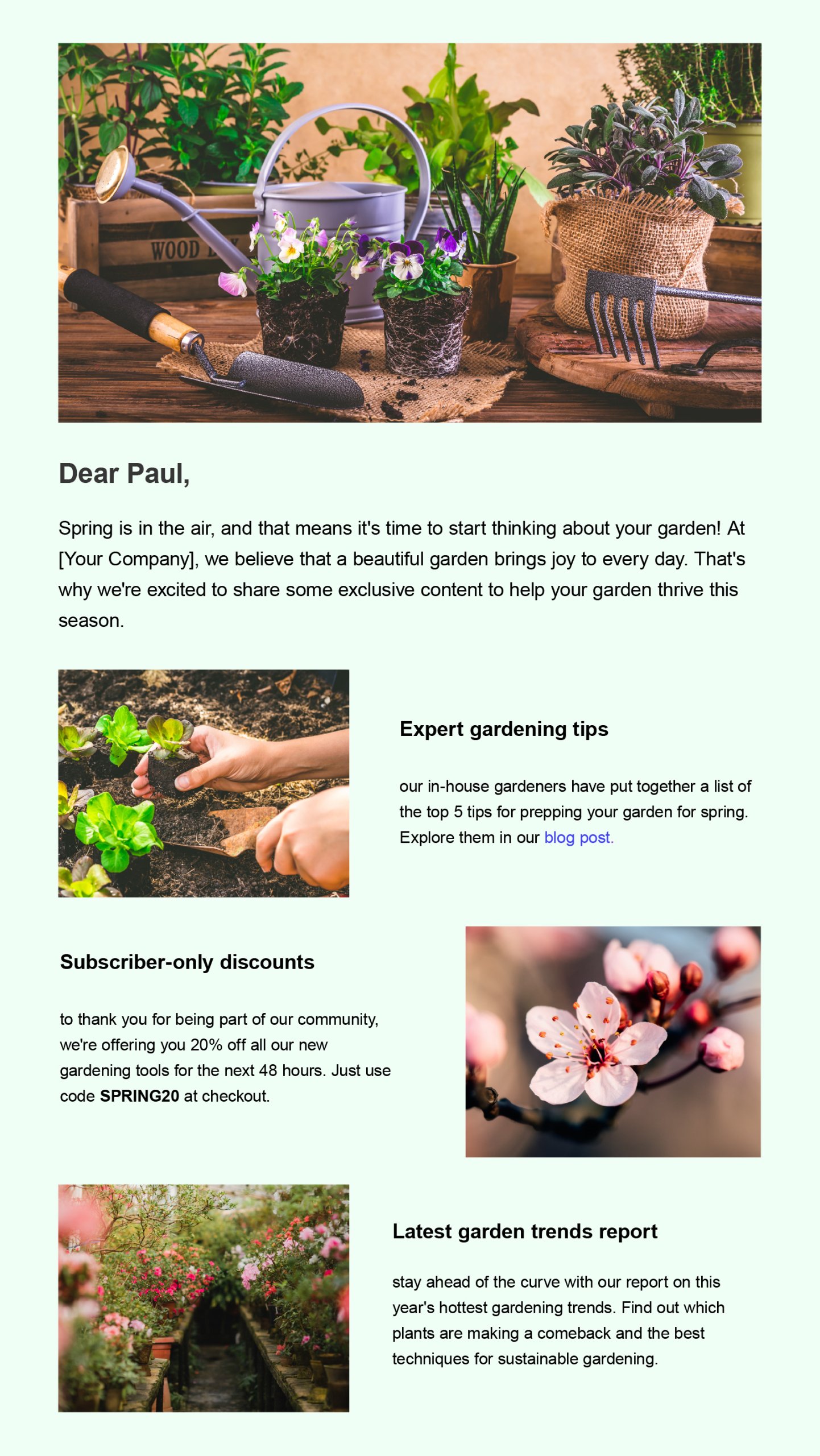 Example email newsletter for a gardening brand showing tips, a subscriber discount code, and a seasonal trends section