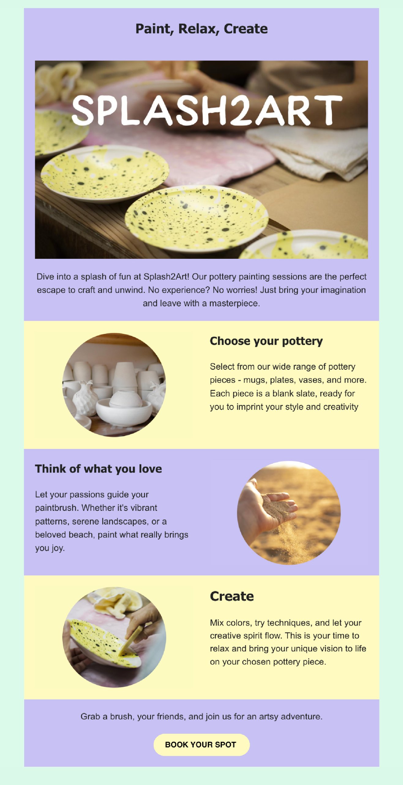 Email mockup for "Splash2Art" pottery painting studio using purple and yellow color-blocked sections with photos of painted plates and hands at work.