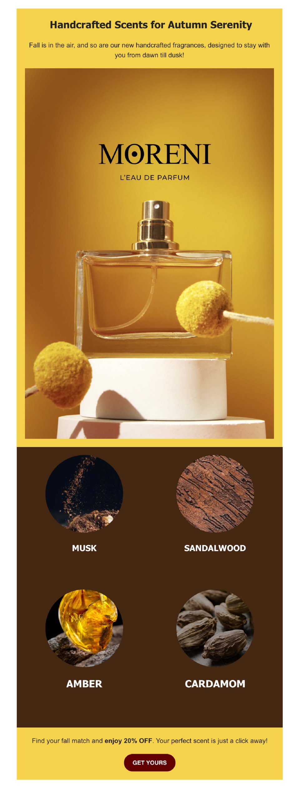 Email mockup for "Moreni" perfume in gold and brown tones, showing a perfume bottle and four scent notes: musk, sandalwood, amber, and cardamom.