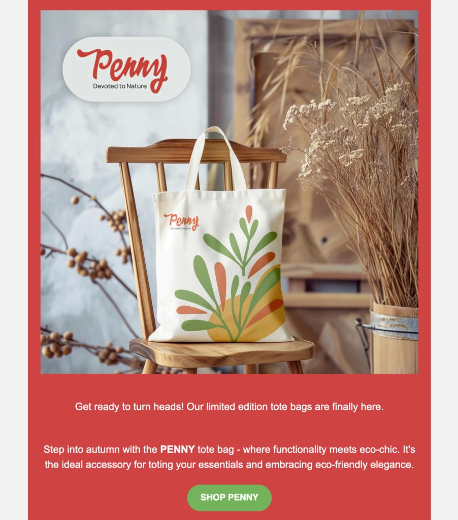 Email mockup for a "Penny" tote bag brand using a red background with a photo of a canvas tote bag on a wooden chair, surrounded by dried flowers.