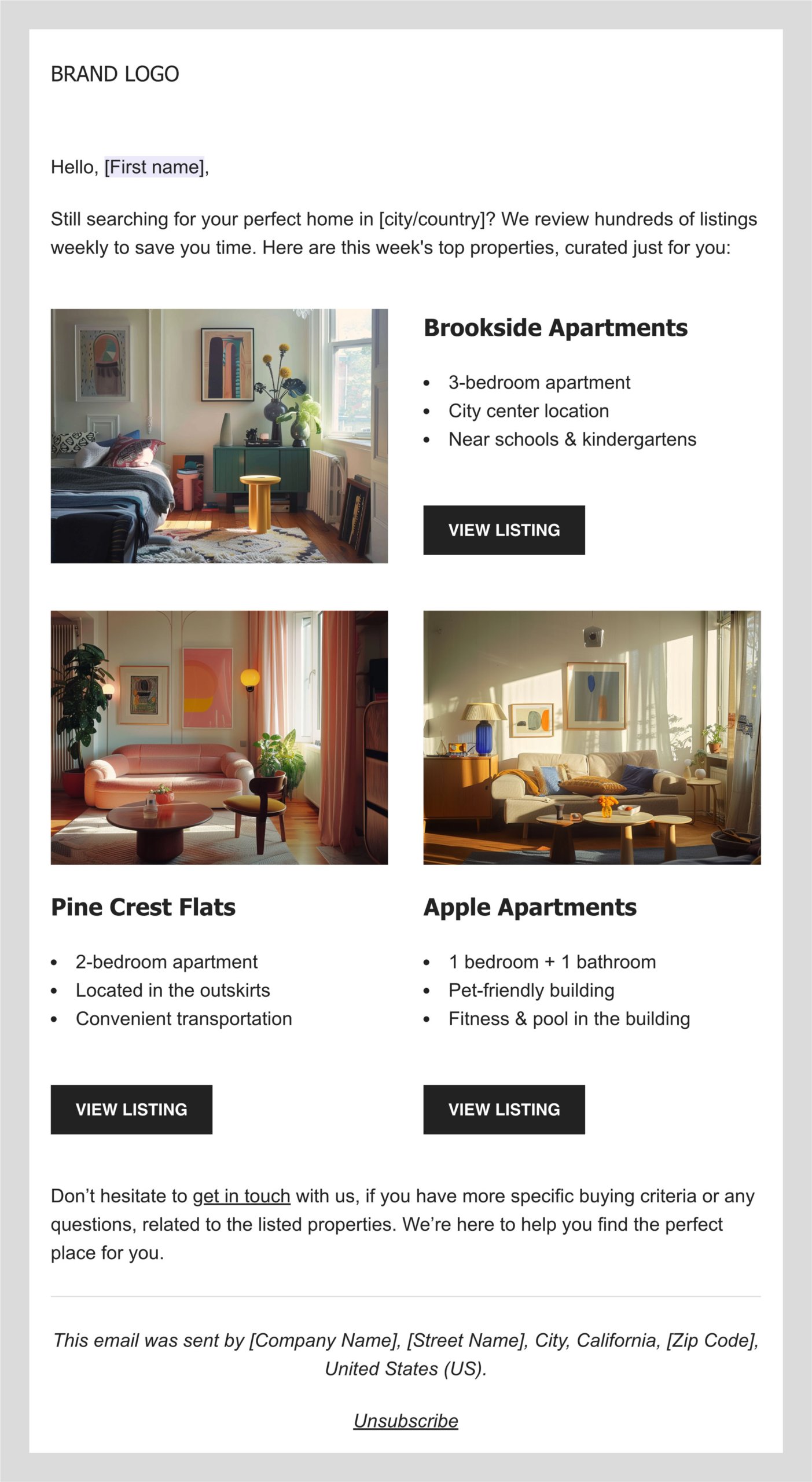 An example of one-column email template