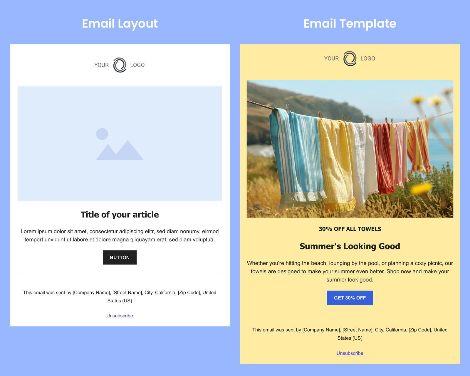 Illustration showing what an email layout looks like compared to an email template