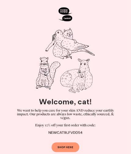 Screenshot of the Meow Meow Tweet email, including illustrations of animals
