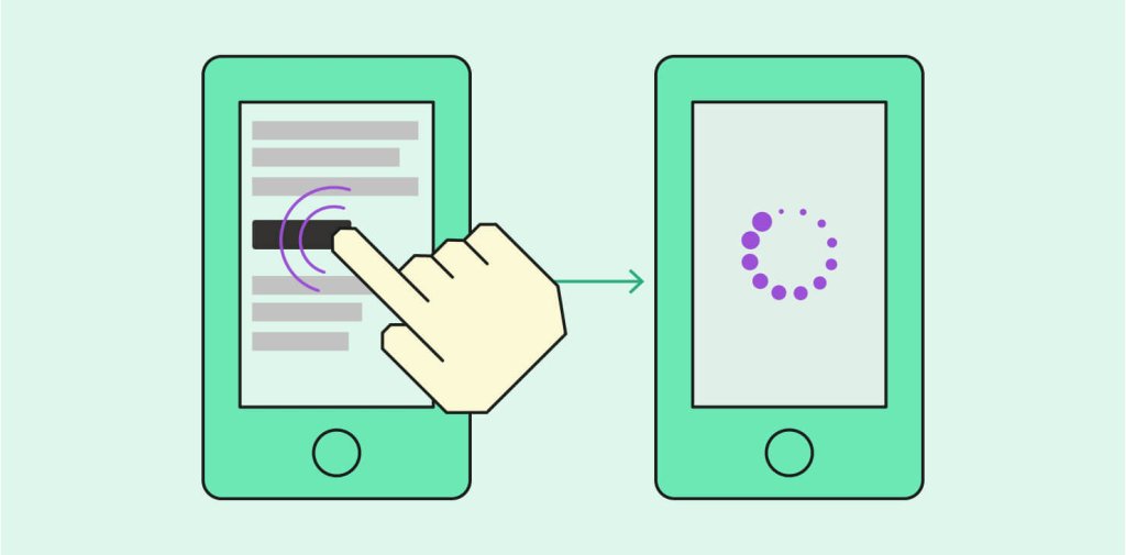 Illustration of First Input Delay - a person clicking on a link in a page on a mobile device and waiting for the response of the page