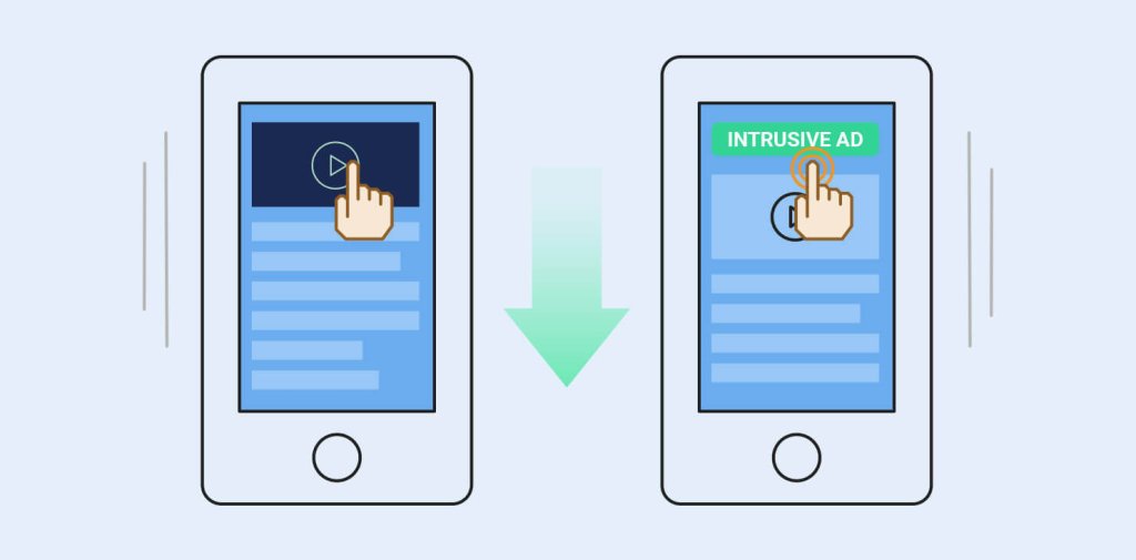 Illustration of what Cumulative Layout Shift means - the whole web page shifting down, before the user clicks, because an ad has appeared.