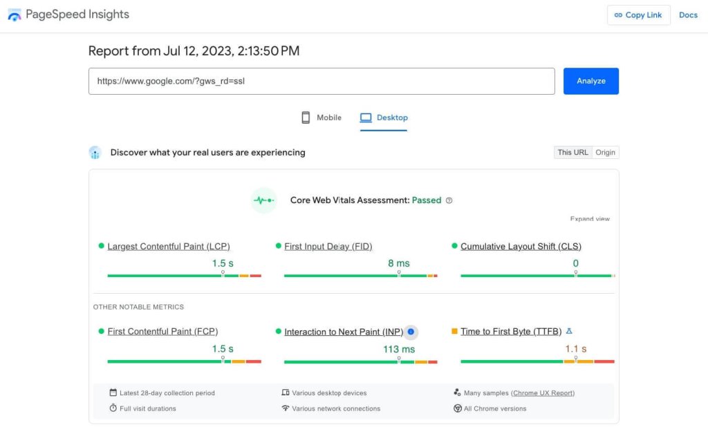 Screenshot of PageSpeed Insights and its Core Web Vitals results & assessment of a web page.