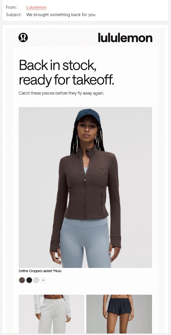 Screenshot of the Lululemon back-in-stock sales promotion email