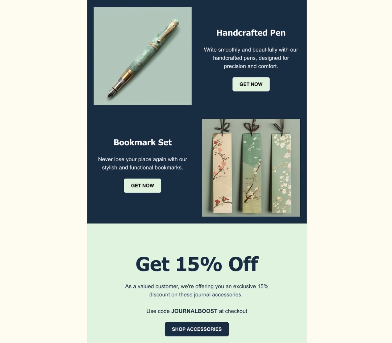 An email promo offering journaling accessories with original photos, showcasing the unique design and quality of each item