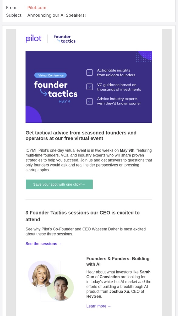 Screenshot of the Pilot event promotion email