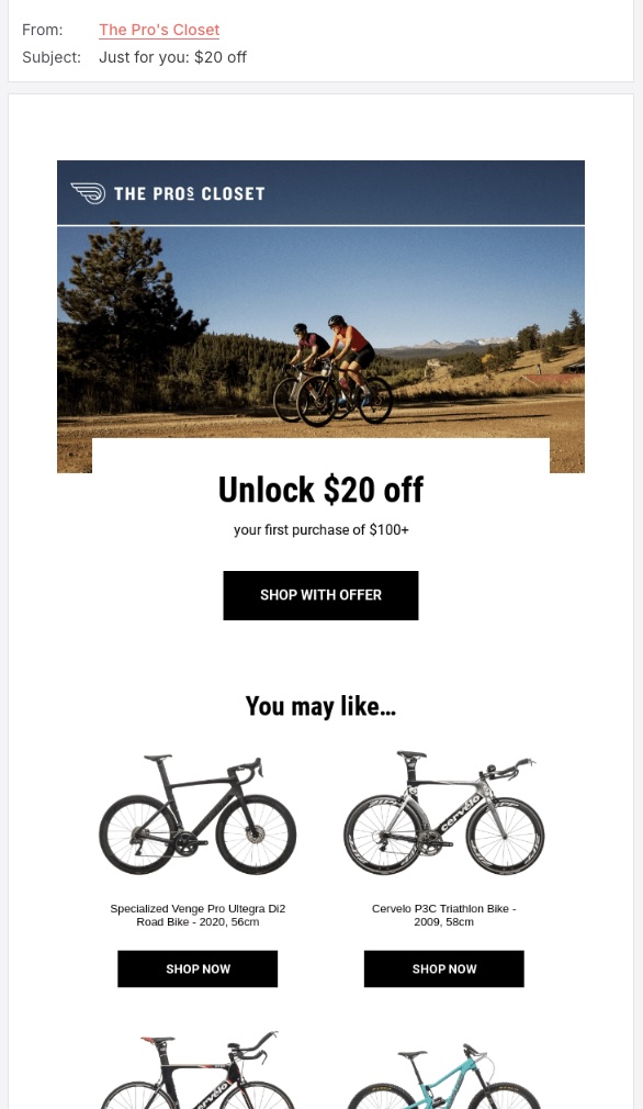 Screenshot of the Pro's Closet exclusive subscriber offer email promo