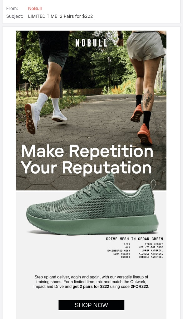 Screenshot of the NoBull limited-time deal sales promotion email