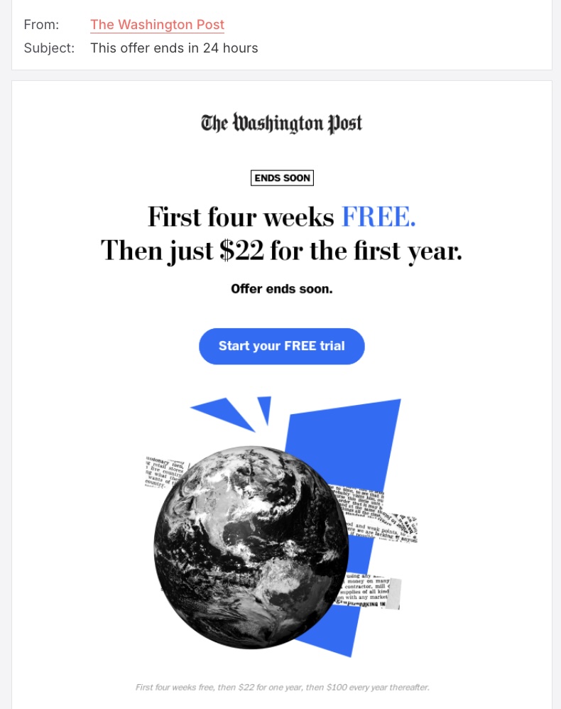 Screenshot of The Washington Post limited-time deal sales promotion email