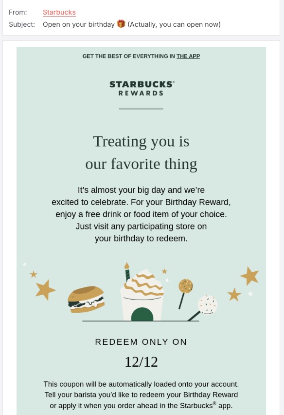 Screenshot of the Starbucks special occasion sales promotion email