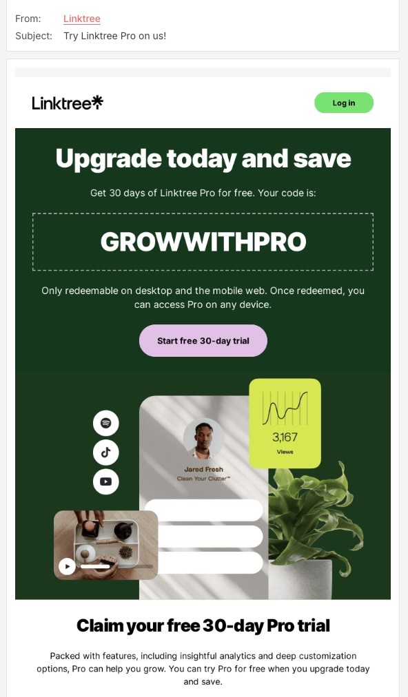 Screenshot of the Linktree upsell email promo