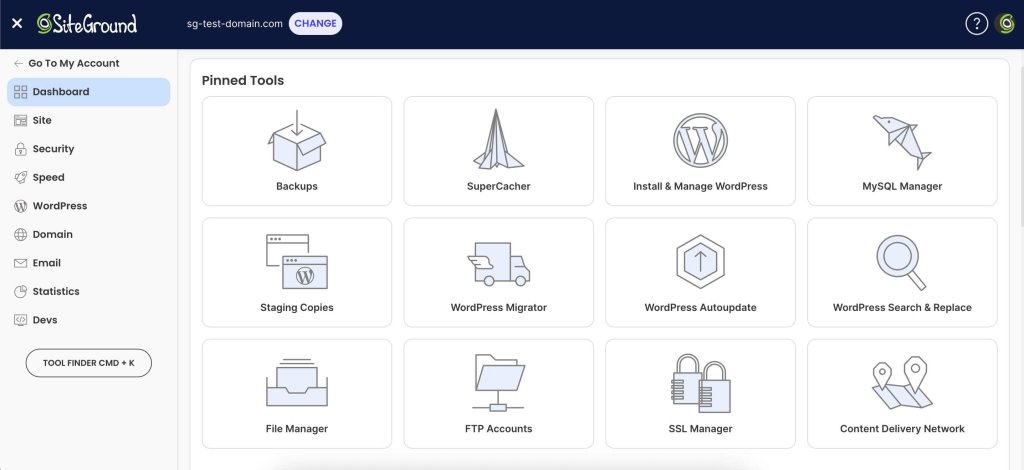 Screenshot of SiteGround's hosting dashboard and pinned tools.