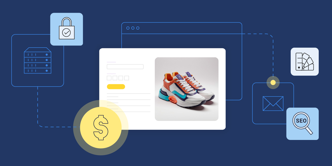 website and around it icons of a dollar sign, color palette, SEO, security to represent website cost