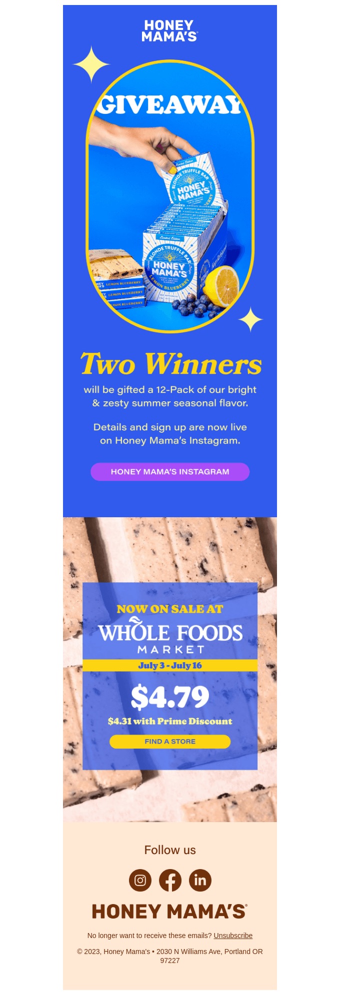 Screenshot of an email featuring a giveaway from Honey Mama's, showcasing its visual and text elements