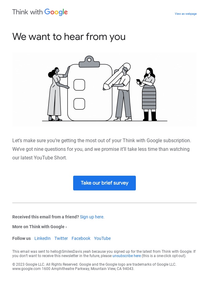 Screenshot of a satisfaction survey email from Google, showcasing visual and text elements