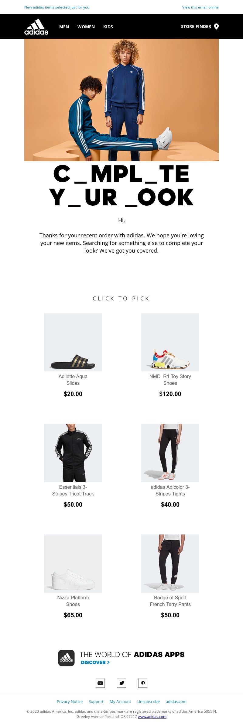 Screenshot of an upsell email from Adidas, showcasing visual and text elements