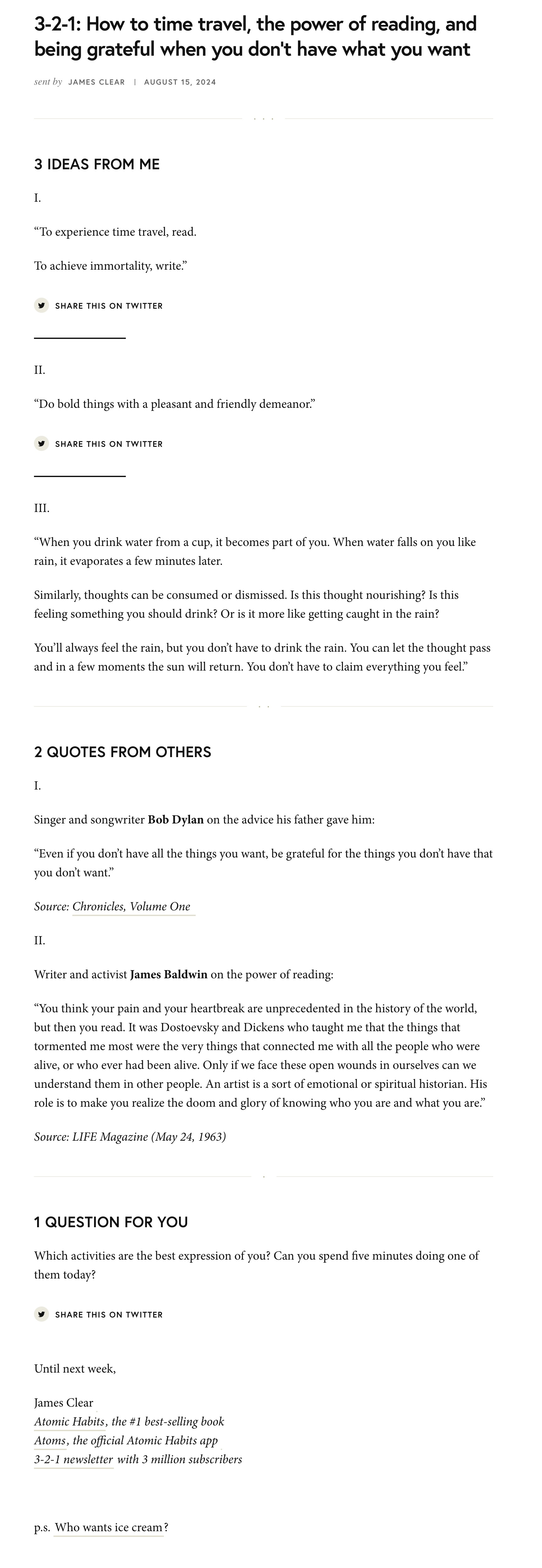 Screenshot of a newsletter from James Clear, showcasing visual and text elements