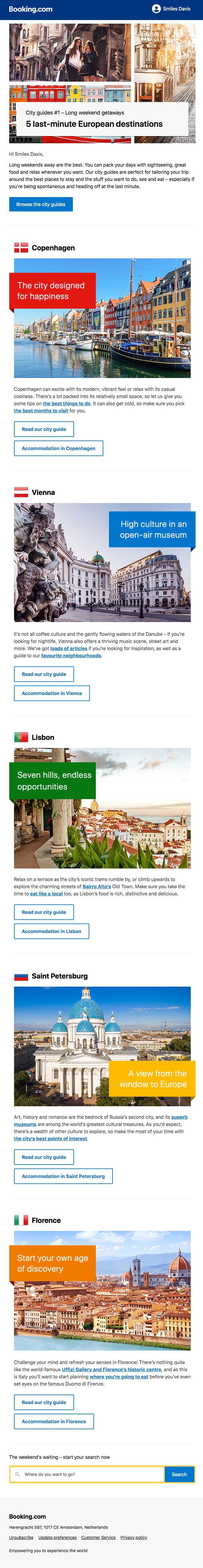 Screenshot of a travel guide email from Booking.com, showcasing visual and text elements