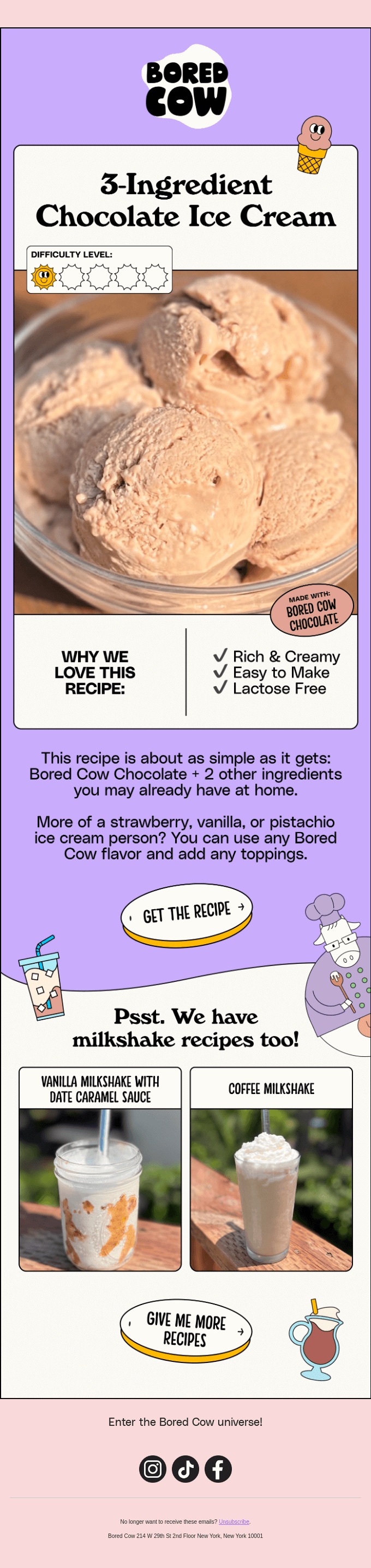 Screenshot of a recipe email from Bored Cow, showcasing visual and text elements