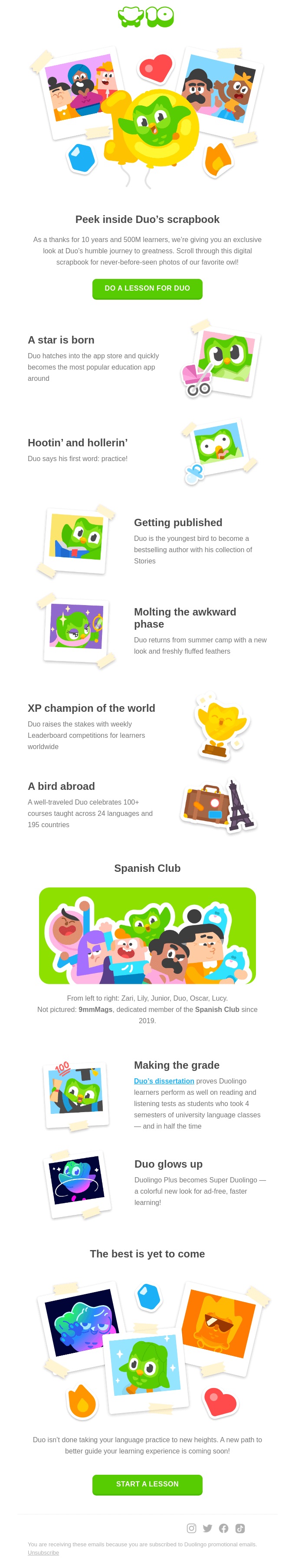 Screenshot of an anniversary email from Duolingo, showcasing visual and text elements