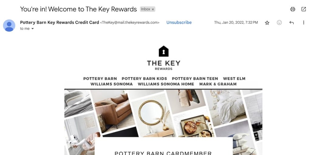 Welcome email from The Key Rewards credit card program displaying the program logo, list of participating brands including Pottery Barn, Williams Sonoma, and West Elm, with a collage of home furnishing products including furniture, decor, and kitchenware