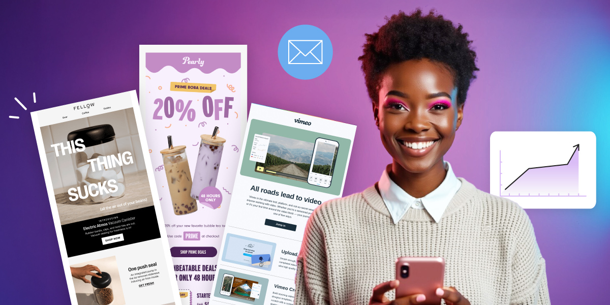 Girl-displaying-email-marketing-campaigns-examples-on-purple-gradient-background