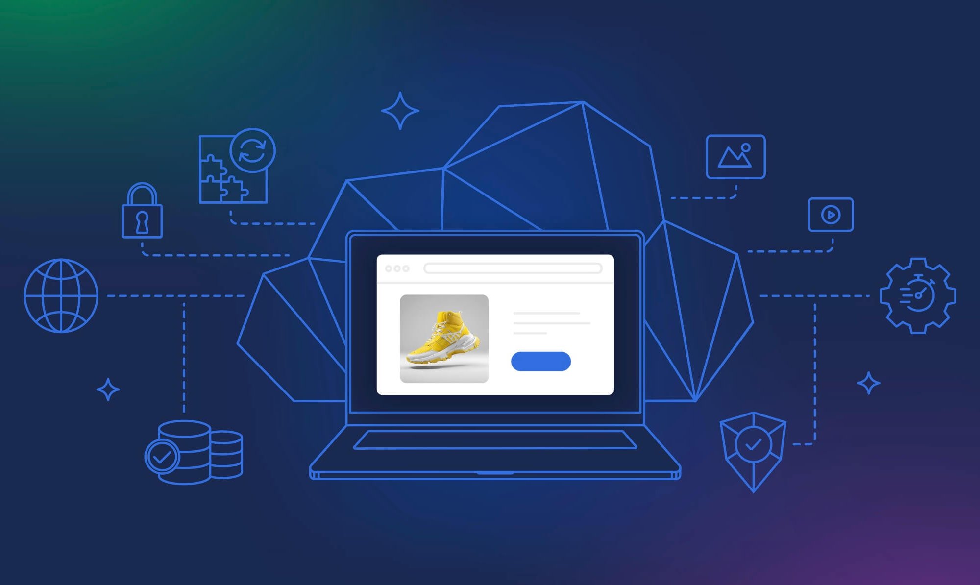Illustration of cloud hosting with interconnected icons representing security, performance, global reach, and scalability. A laptop displays an online storefront with a product image, symbolizing e-commerce powered by cloud hosting.