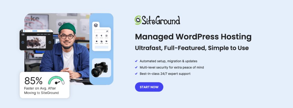 A promotional banner of SiteGround's Managed WordPress Hosting services.