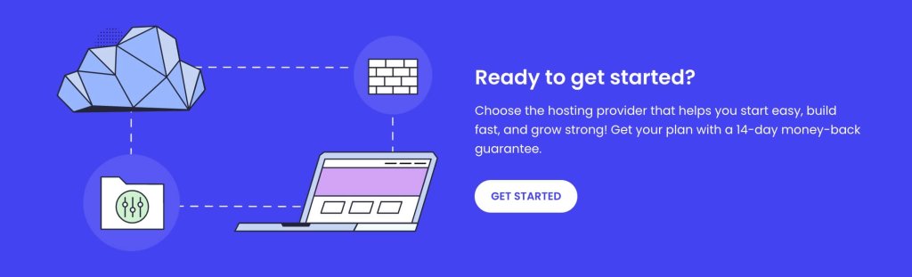Cloud hosting concept with a cloud, firewall, and laptop interconnected, alongside a 'Get Started' call-to-action promoting a hosting provider's money-back guarantee.