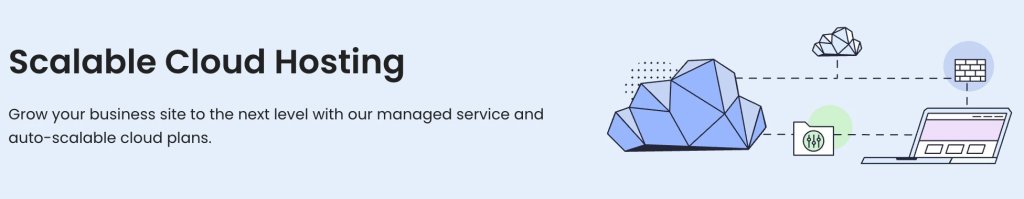 Illustration showing scalable cloud hosting with interconnected cloud, firewall, and a laptop, highlighting managed and auto-scalable cloud solutions for business growth.