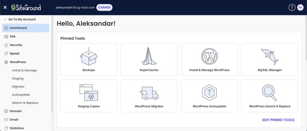 A screenshot of SiteGround's custom Site Tools dashboard with pinned WordPress management tools.