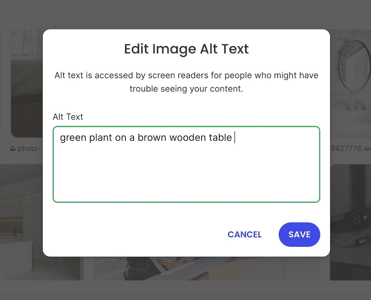 Example of adding alt test to an image in a website builder