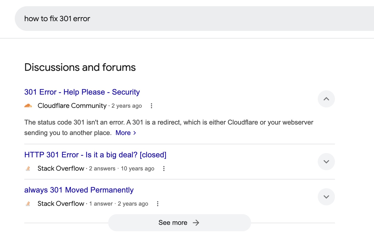 "How to fix 301 error" query results showing user-generated content from Reddit, Quora, and niche communities.