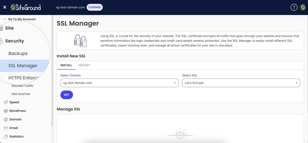 A screenshot of SiteGround's Site Tools dashboard, showing the SSL manager page where a user can install an SSL certificate.