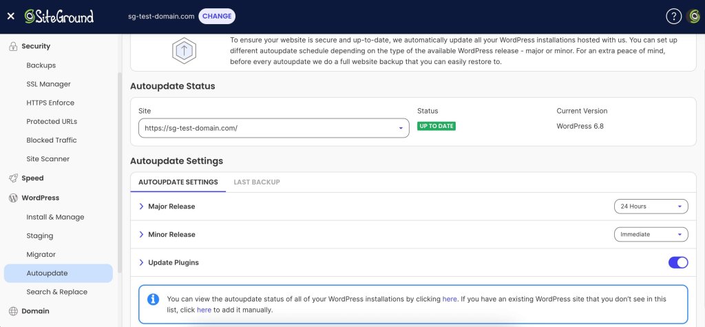 A screenshot of SiteGround's Site Tools dashboard, showing the Autoupdate page where users can manage the autoupdate settings of their WordPress core and plugins.