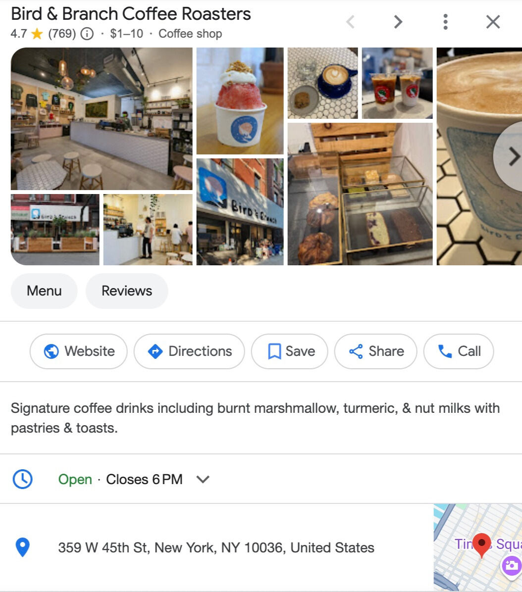 Bird and Branch Coffee Google My Business Info