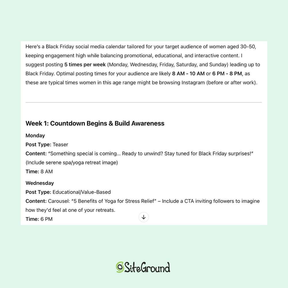 ChatGPT marketing response for a social media calendar