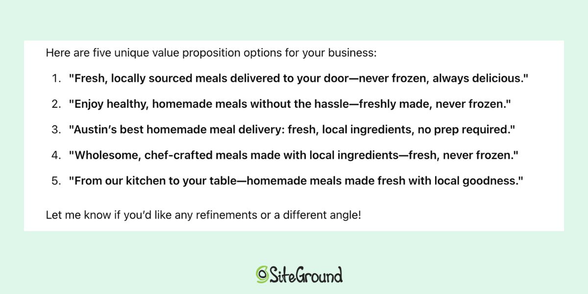 ChatGPT marketing response for a unique value proposition