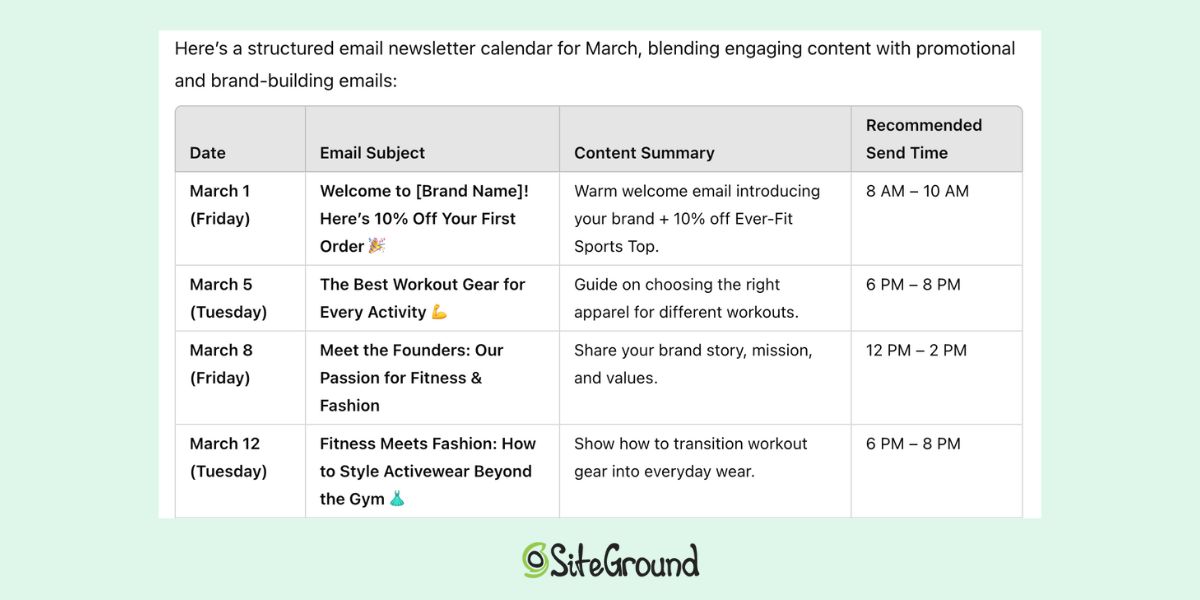 ChatGPT marketing response for an email newsletter calendar