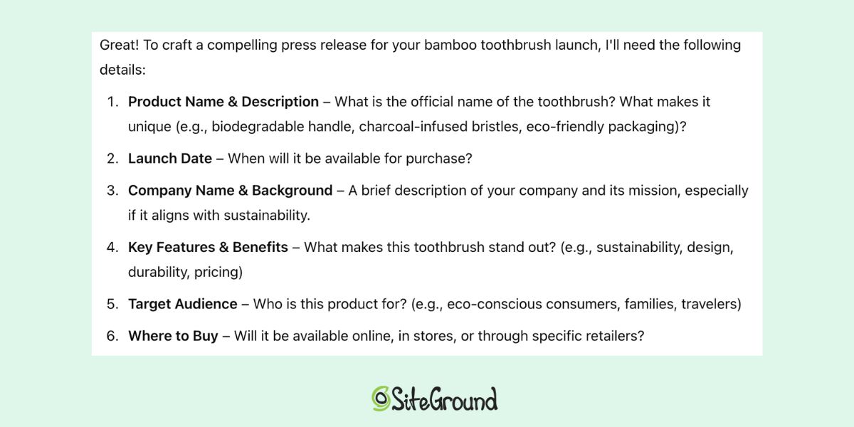 ChatGPT marketing response for what is needed in a press release