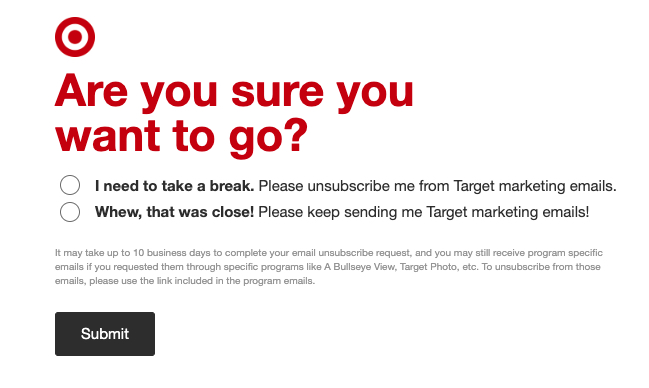Example of an unsubscribe page for re-engagement