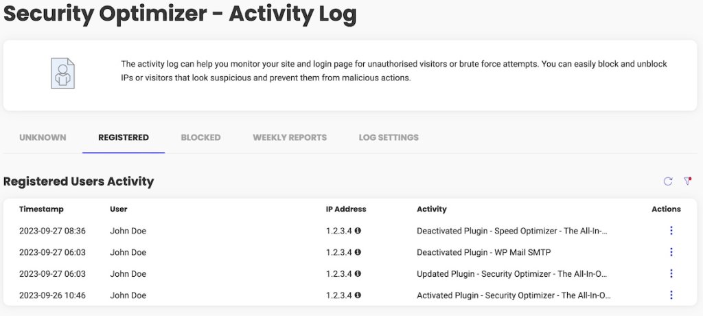 Image of a WordPress security activity log